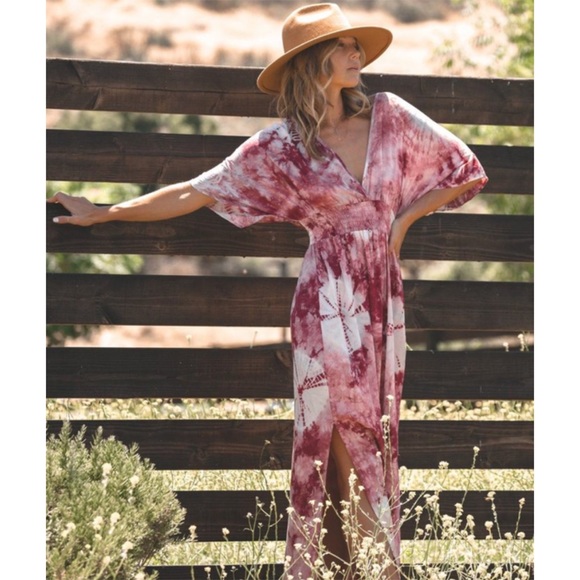 SOLD OUT Wine Kimono Tie Dye Boho Maxi Dress - Picture 4 of 7